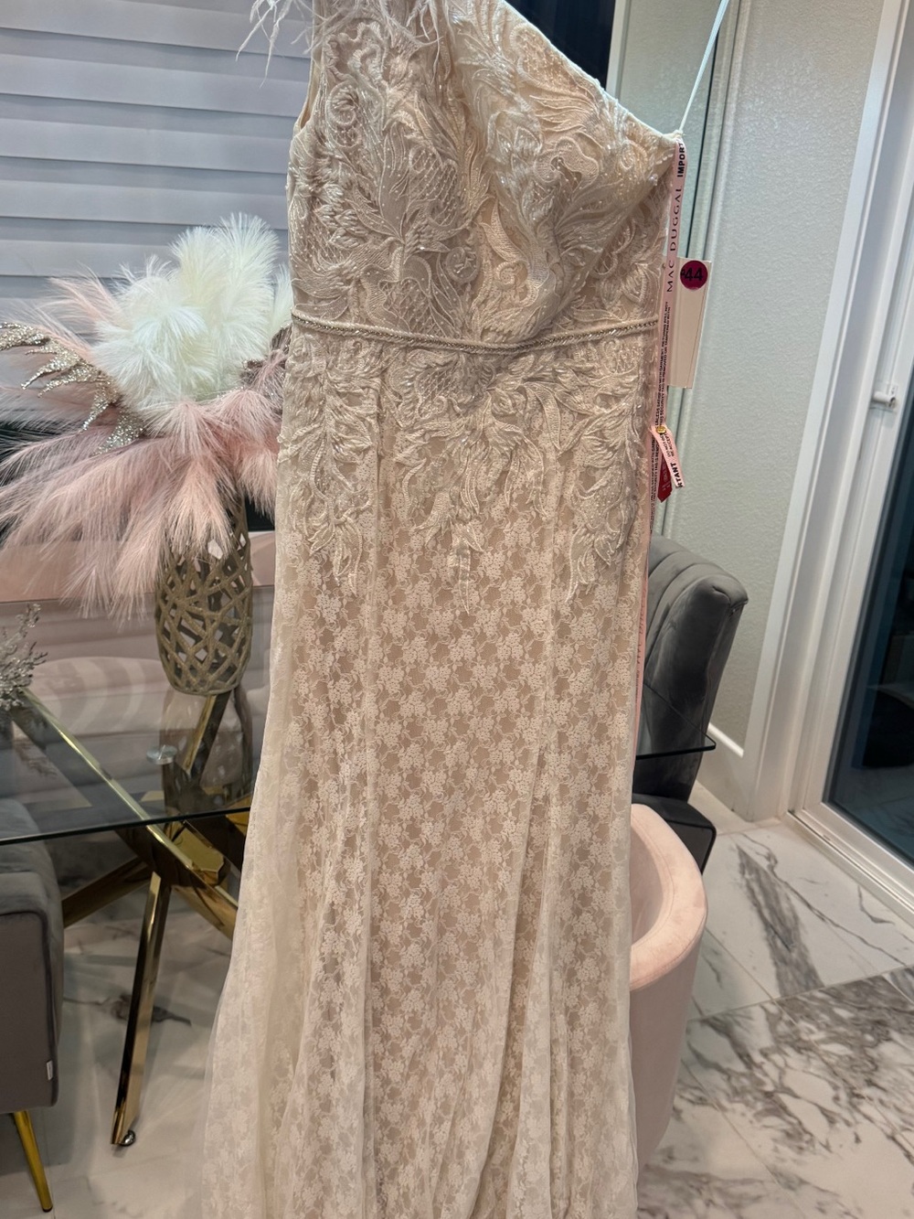 Mac Duggal Strapless Lace Gown in Champagne Gold